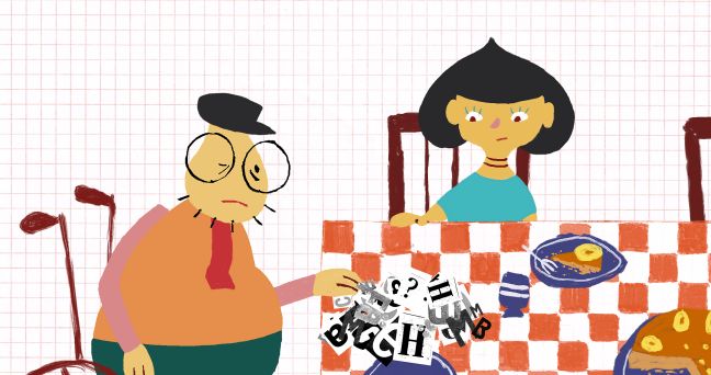 Bopa und die Mutter am Essenstisch mit einem Haufen Buchstaben