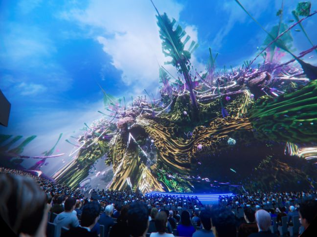 Vor blauem Himmel stehen Pflanzen mit großen Blättern