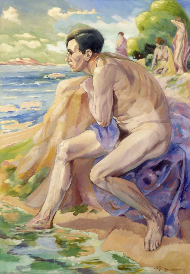 Gemälde „Man at the Beach" von Aksel Waldemar Johannessen (ein nackter Mann am Strand)