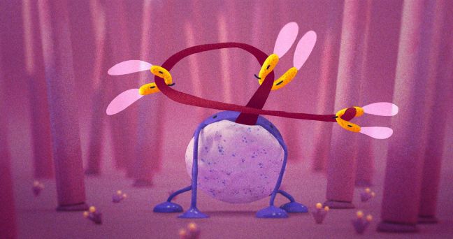 Gelbe Fliegen formen die Zunge eines blauen Frosches zu einer Schlaufe