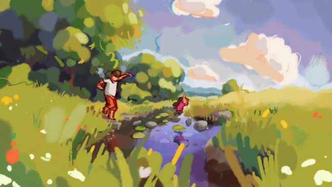 Anna und der Vater  laufen über einen Fluss an einem sonnigen Tag mit hellen Farben