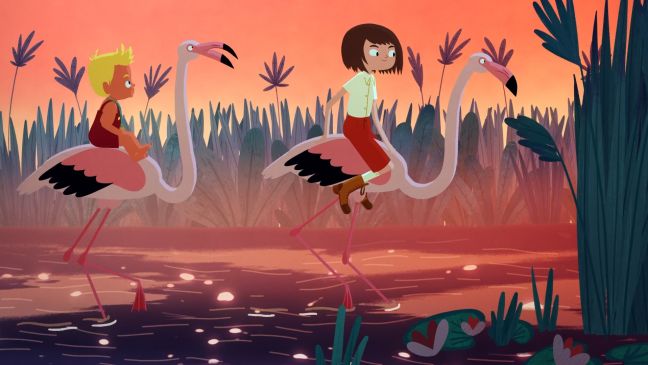 Leo und Lizi reiten auf Flamingos