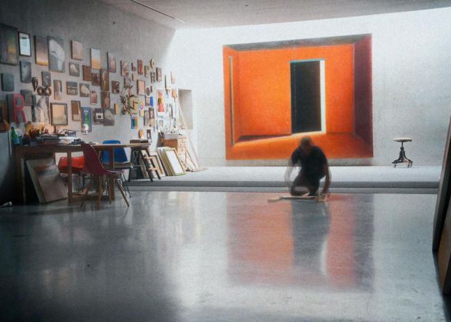 Robert Bosisio baut auf dem Boden eine Leinwand